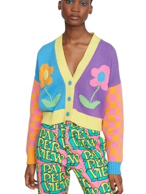 Lazy Oaf Flower Garden Cardigan Multicolor Cropped Knit Oversized Medium